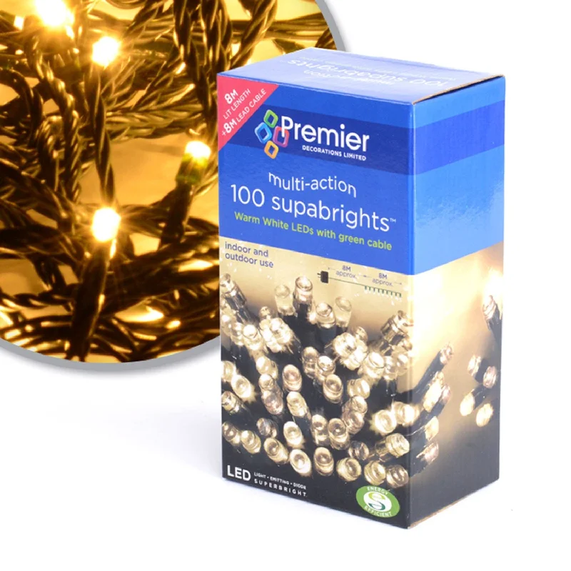 Christmas Tree Lights Indoor Outdoor Decorations Multi Action 100 LED Warm White