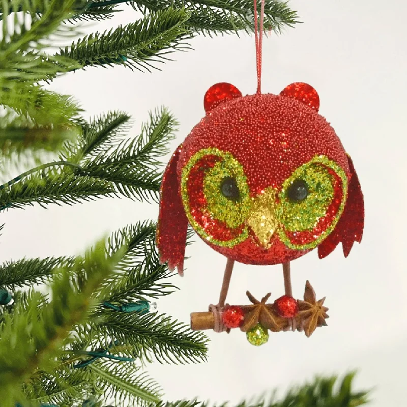 Red & Olive Glitter Owl Ornament