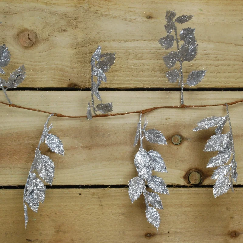 180cm Christmas Glitter Leaf Garland In Silver