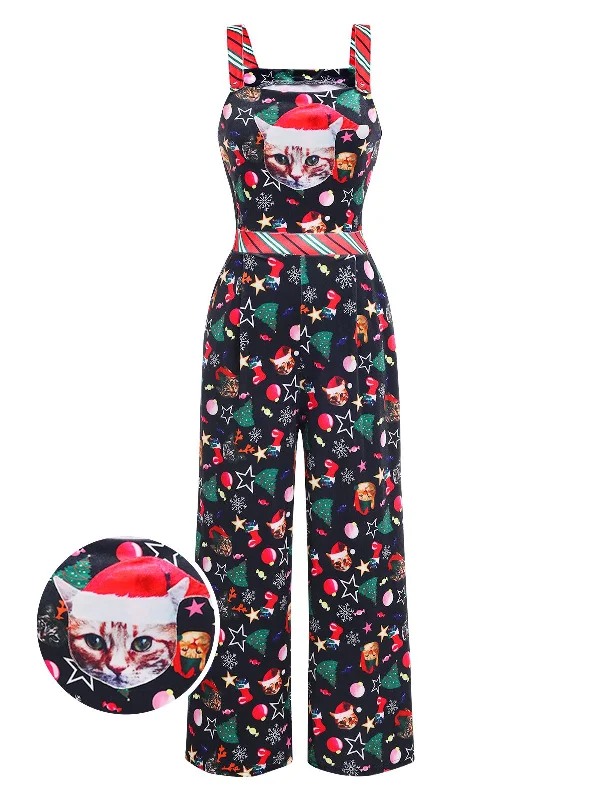 1940s Christmas Cat Spaghetti Strap Velvet Jumpsuit