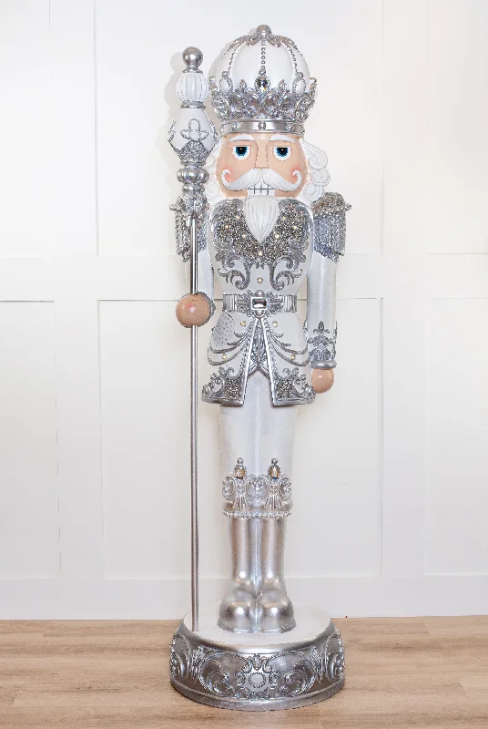 6 FT Silver & White King Nutcracker with Music & Warm White LED Lights