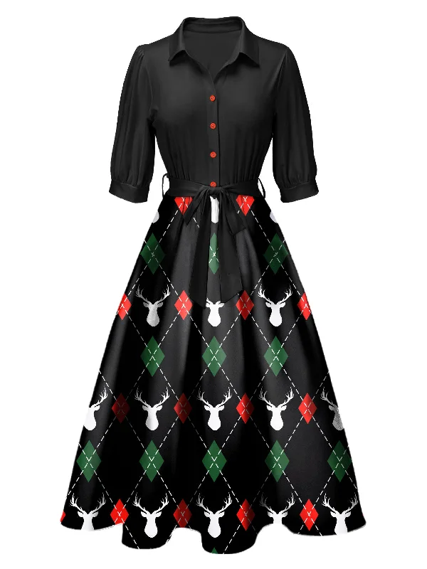 [Pre-Sale] Black 1940s Christmas Print Lapel Belted Dress