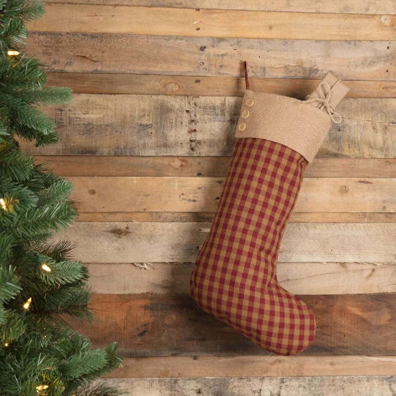 Burgundy Check Button Stocking 12x20 VHC Brands