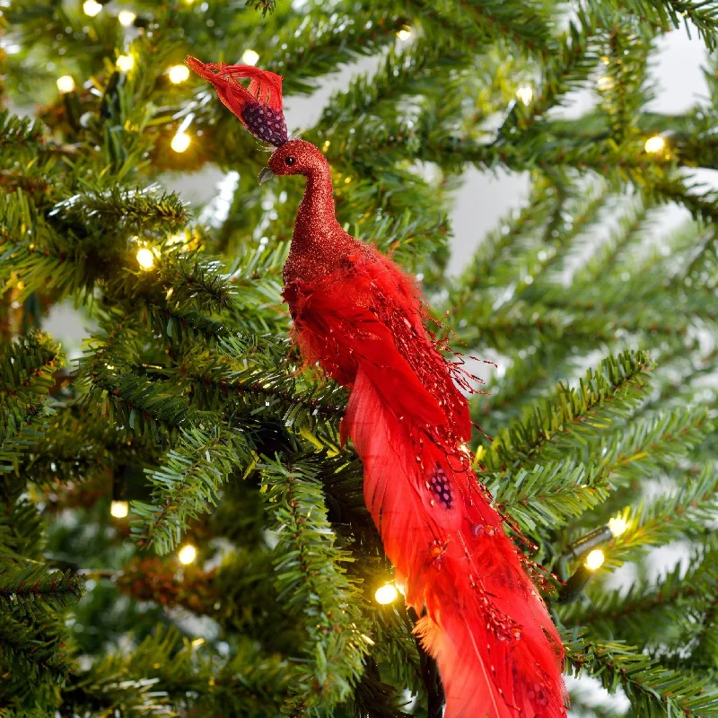 Red Peacock with Feather Tail Clip on Ornament