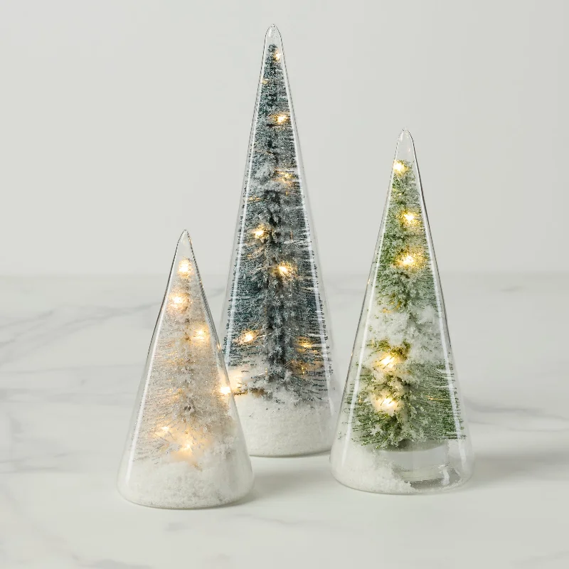 LED Lit Holiday Brush Trees in Glass 3-Piece Set