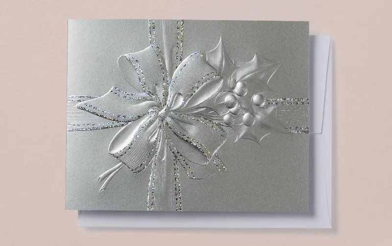 Engraved Christmas Silver Present with Bow and Holly Greeting Card