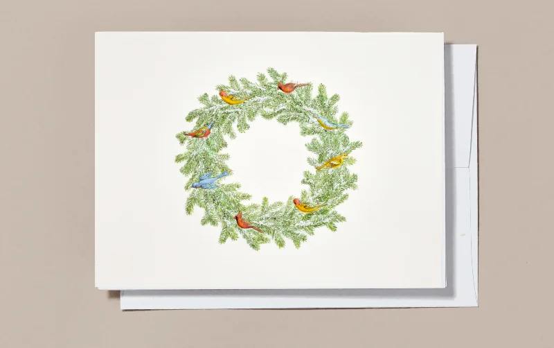 Engraved Christmas Snowy Wreath with Birds Greeting Card