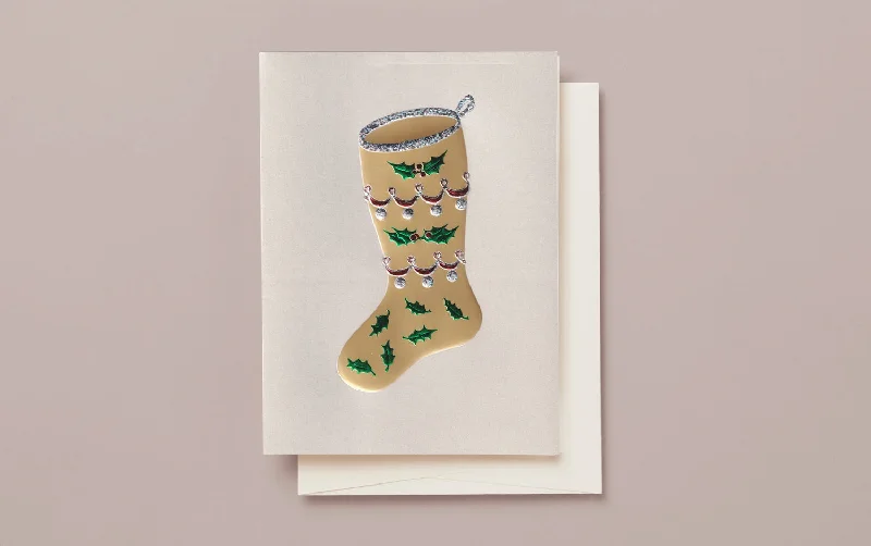 Engraved Holly Stocking Christmas Greeting Card