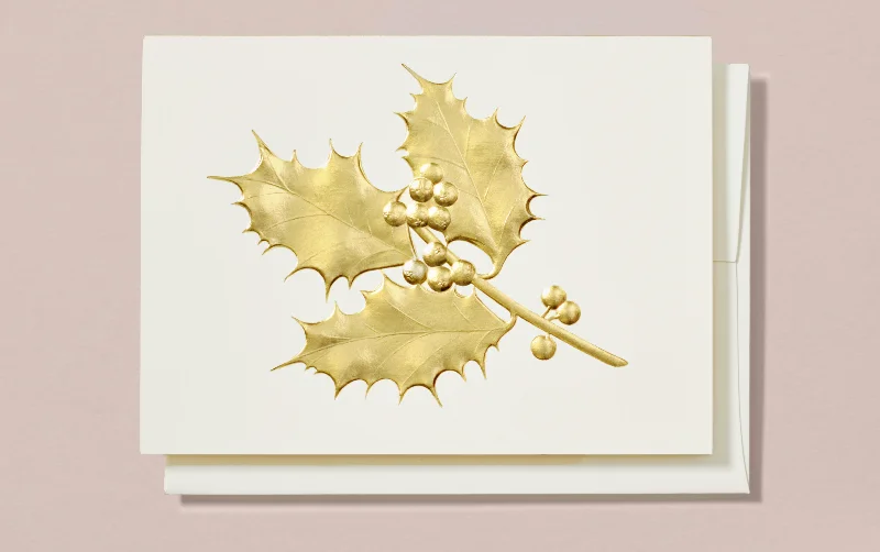 Engraved Gold Holly Branch Christmas Greeting Card