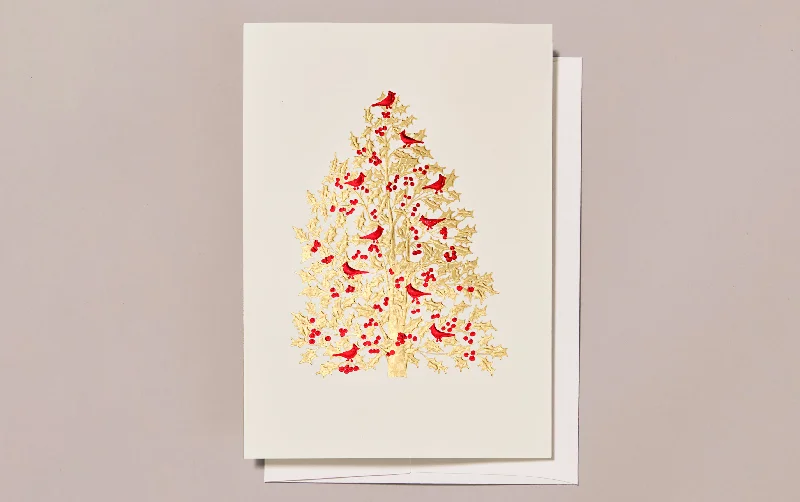 Engraved Holly Tree with Cardinals Greeting Card