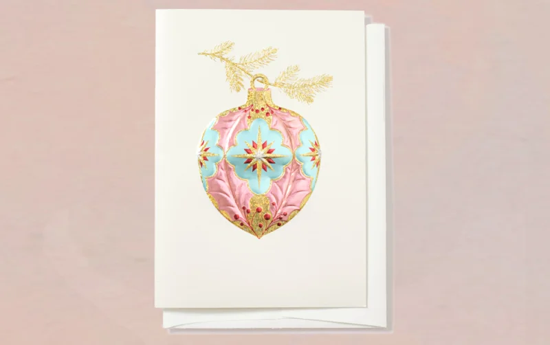 Engraved Pink Holly Ornament Christmas Greeting Card