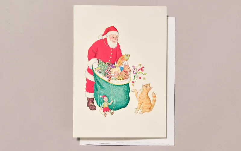 Engraved Santa with Cat and Presents Greeting Card