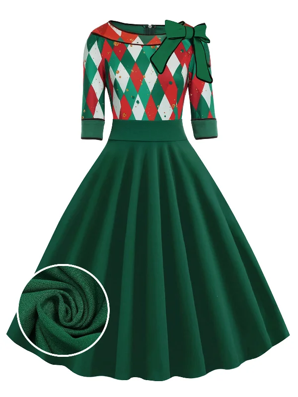 Green 1950s Christmas Plaid Patchwork Dress