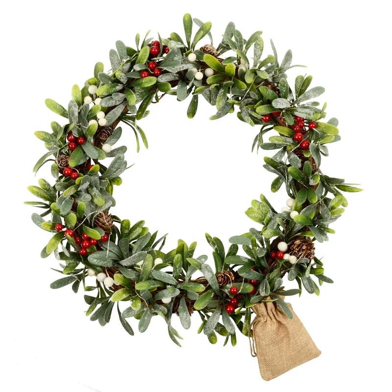 16" Light Up Christmas Wreath Mistletoe Berries Battery Op