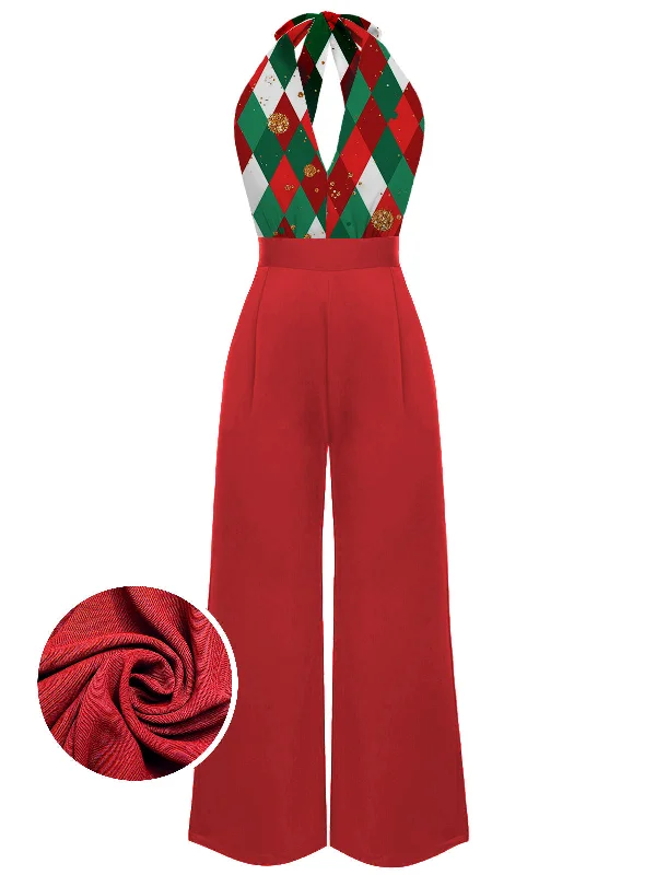 [Pre-Sale] Red 1930s Christmas Plaid Lace Patchwork Jumpsuit