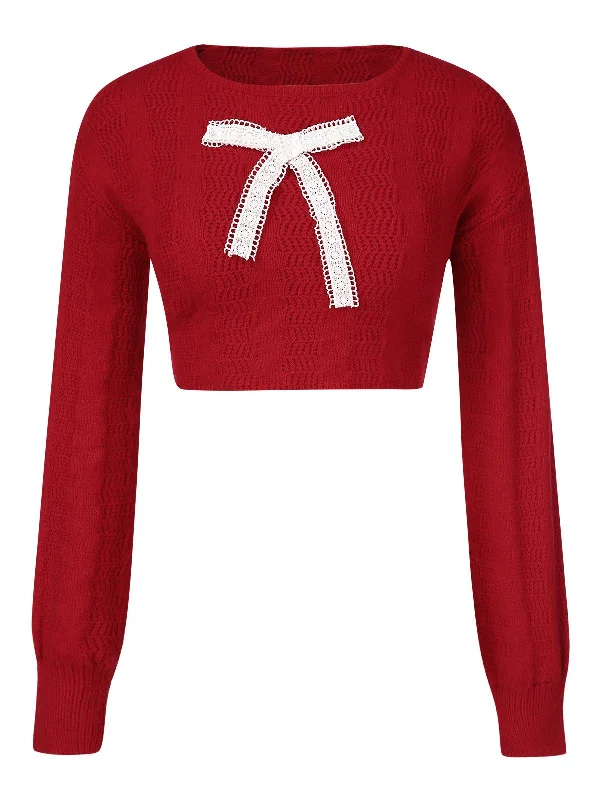 Red 1980s Christmas Bowknot Crop Sweater