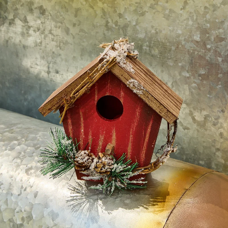 Red Bird House Ornament with Pine Cones