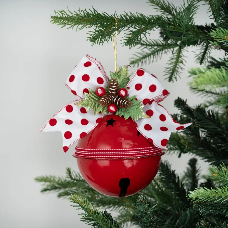 Red Festive Bell Ornament with White Bow & Mistletoe