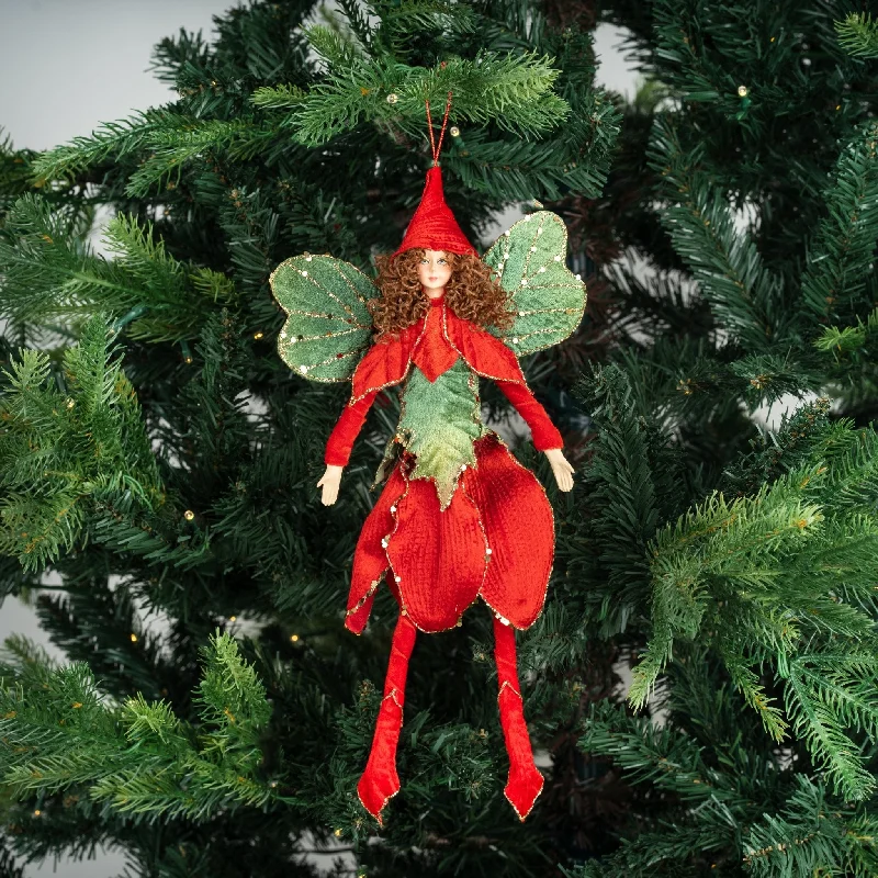 Red Festive Forest Fairy Ornament with Green Wings