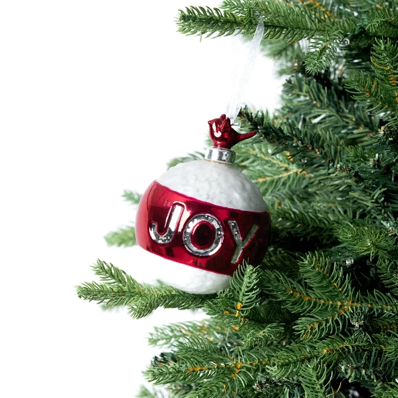 Red & Silver Bird Top Ball "JOY" Ornament with Glitter