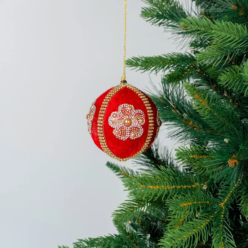 Red Velvet Ball Ornament with Gold Flower Patches