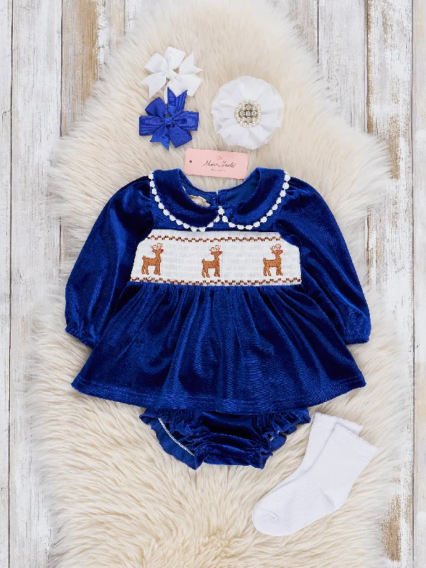 Royal Blue Smocked Reindeer Velvet Bloomers Outfit