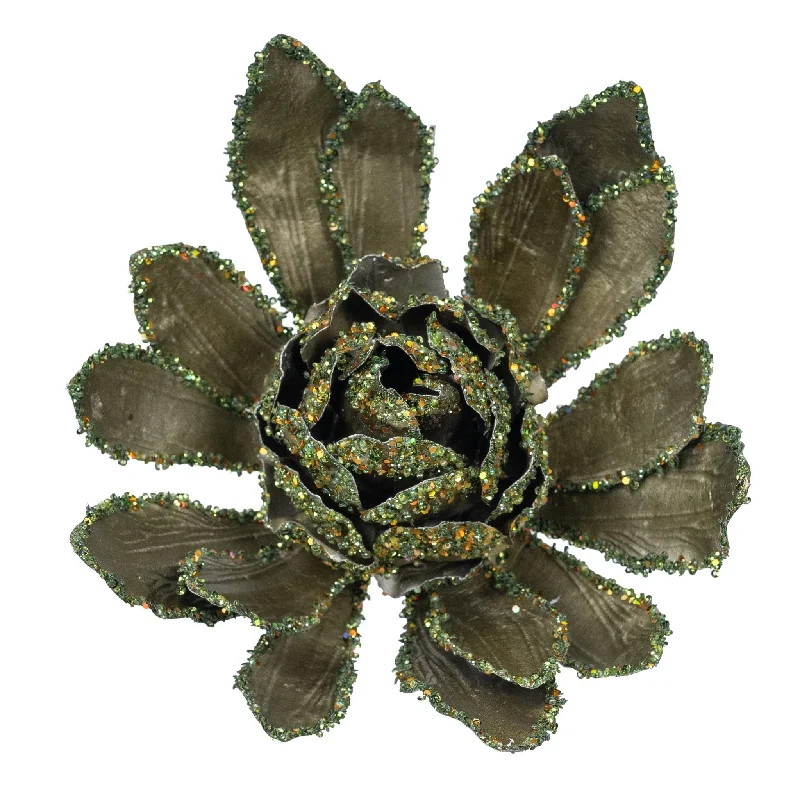 Sage Blooming Flower Festive Ornament with Light Gold Glitter