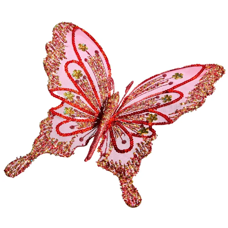 Red Sheer Glitter Clip-on Butterfly Ornament