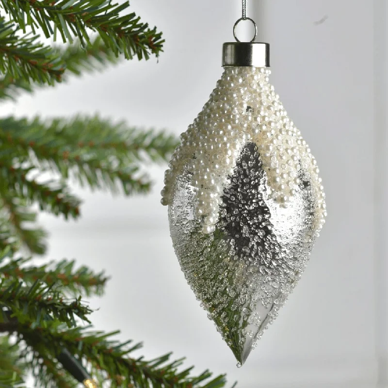 Silver Finial Ornament with White Sparkling Beads