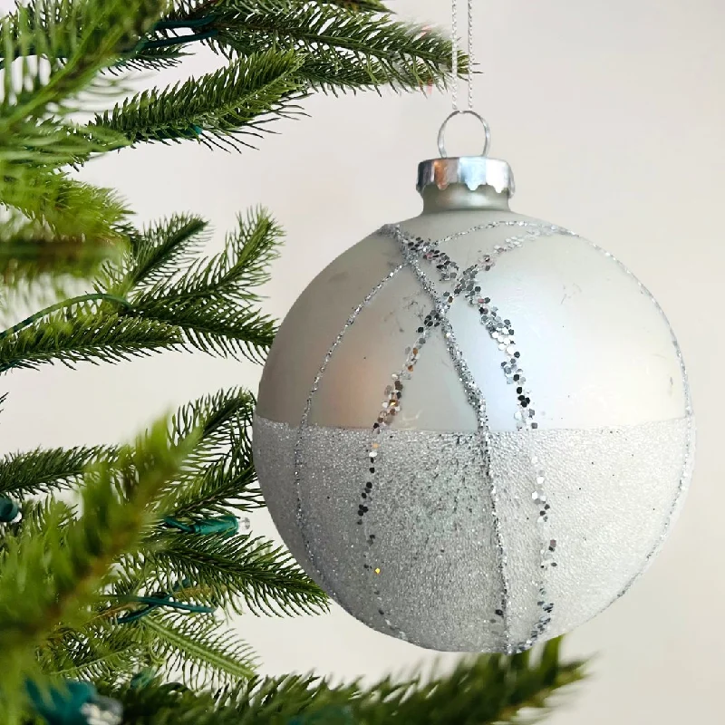 Silver Ball Ornament with Glitter Stripes