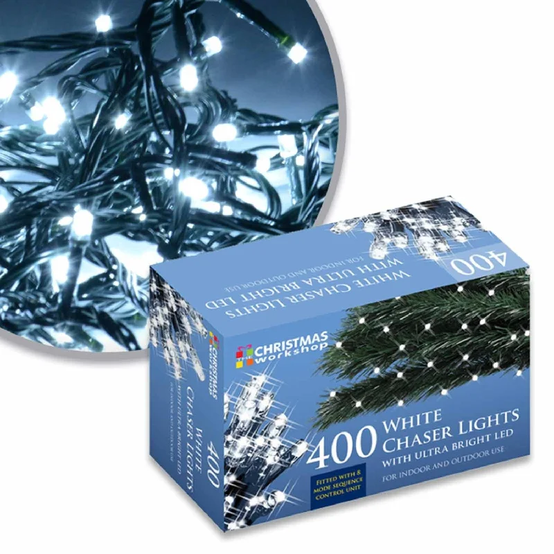 The Christmas Workshop 76120 400 LED Bright White Chaser Christmas Lights / Indoor or Outdoor Fairy Lights / 27.9 Metres / 8 Light Modes / Great For Christmas, Weddings & Gardens