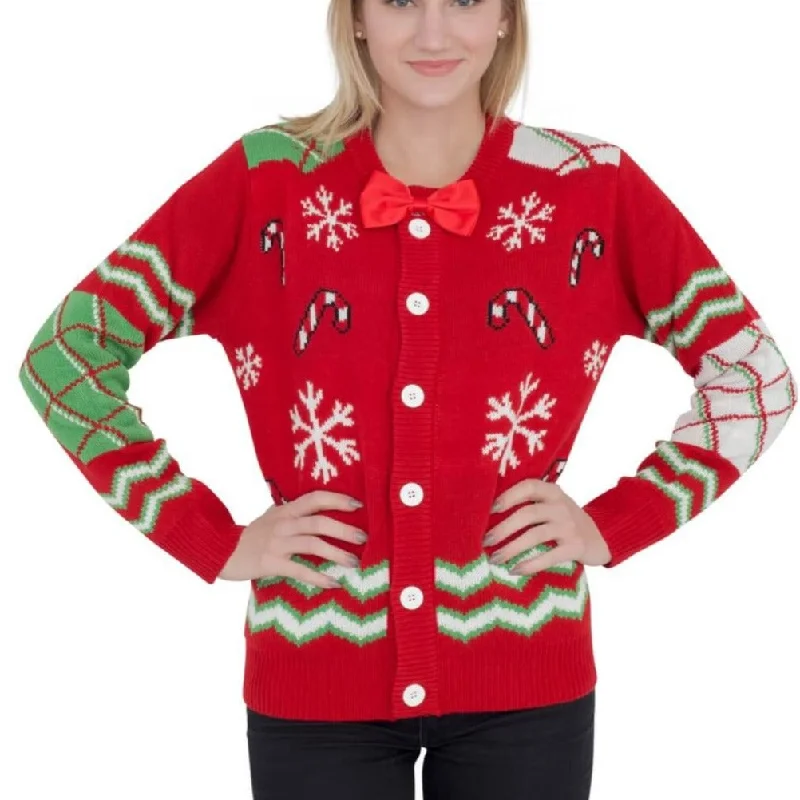 Women's Candy Canes and Snowflakes Button Up Ugly Christmas Sweater with Bowtie