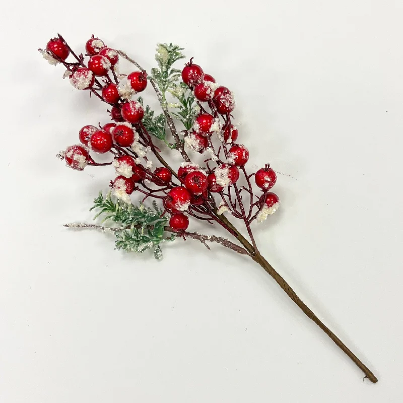 Snow Flocked Red Berry & Glitter Boxwood Christmas Stem Spray - 15"