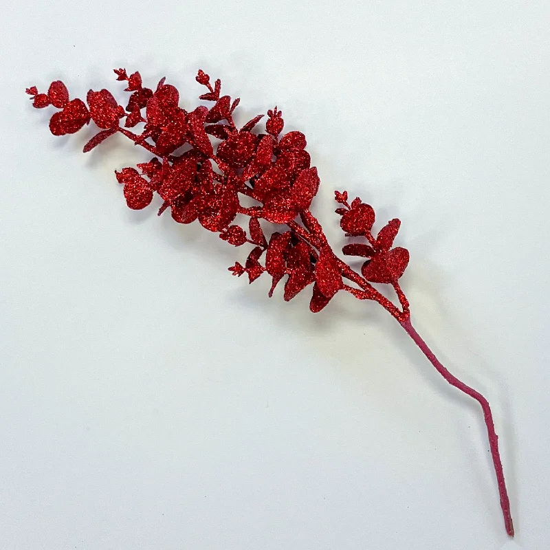 Ruby Red Glitter Faux Eucalyptus Stem Spray - 17"