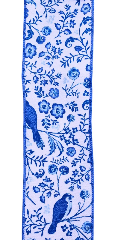 2.5" x 10yd Navy Blue on White Chinoiserie wired edge ribbon, Birds and Flowers