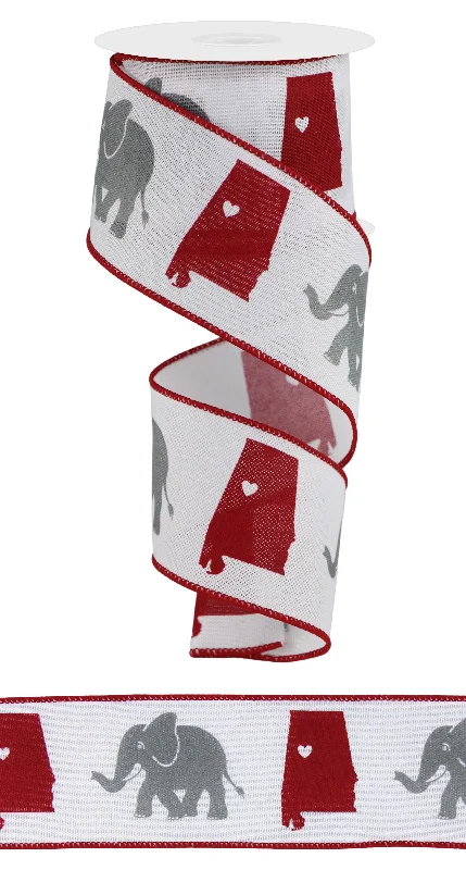 2.5"x10yd Crimson Alabama with Grey Elephant on White wired edge ribbon, Roll Tide, Sports ribbon