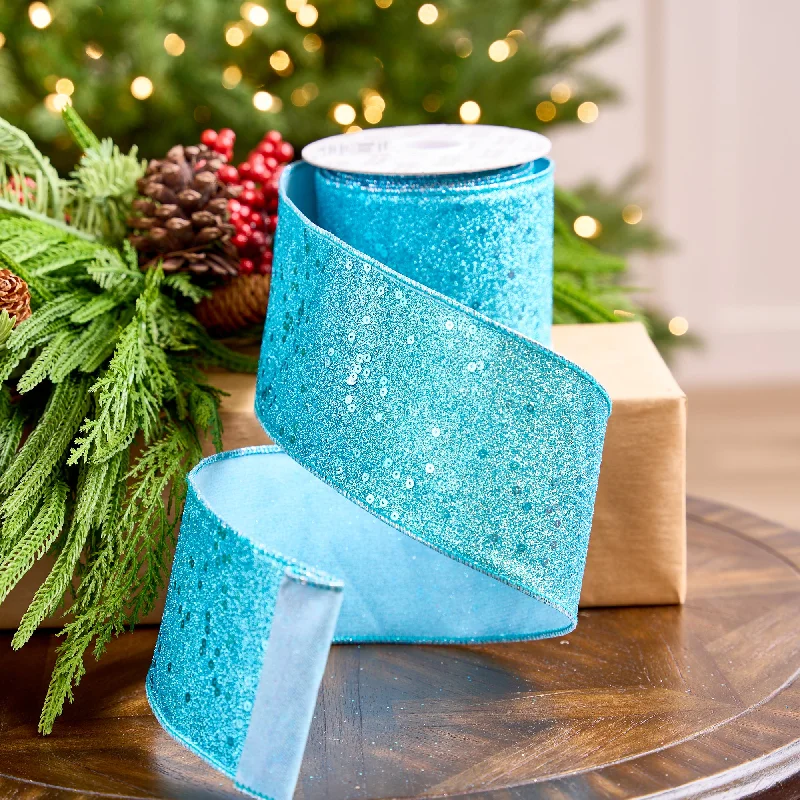 4" X 10YD Turquoise Full Glitter & Sequin Ribbon