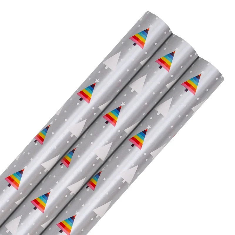 9M Christmas Wrapping Paper - Pack of 3 x 3M Rolls in 1 Rainbow Tree Design