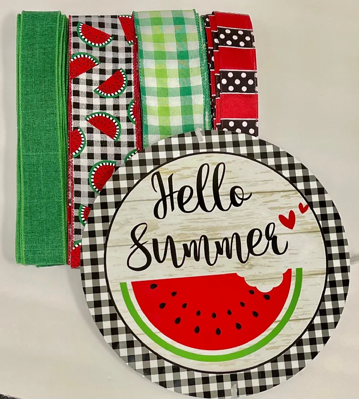 Hello Summer Watermelon Sign and Ribbon Combo Bundle, Spring Craft Supplies, Wreath Supplies