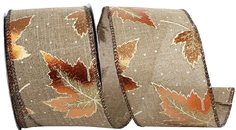 Leaves Glitter Metallic Linen Wired Edge Fall Ribbon, Natural, 2-1/2 Inch, 10 Yards