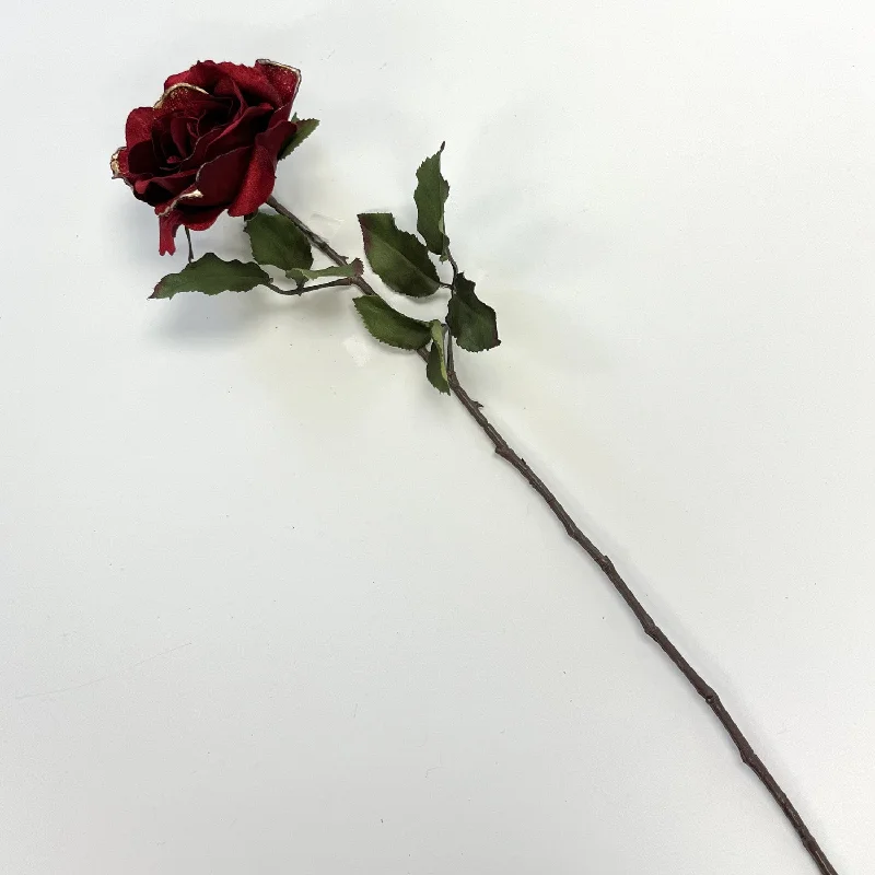 Scarlet Red Velvet Gold Tip Painted Single Rose Stem Spray - 24"