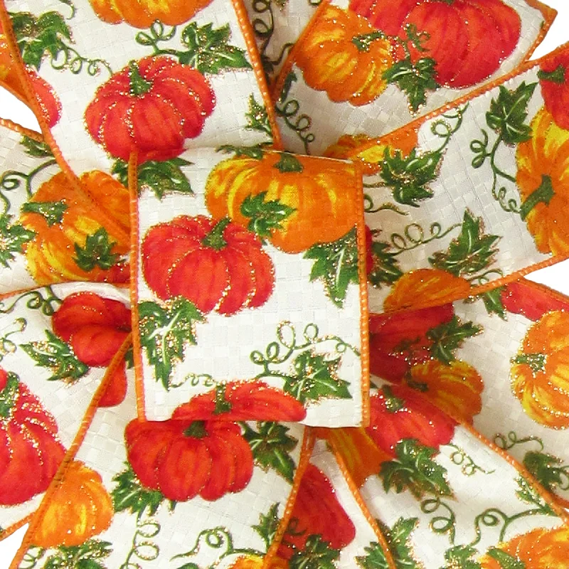 Wired Harvest Pumpkins on Ivory Check Ribbon (#40-2.5"Wx10Yards)