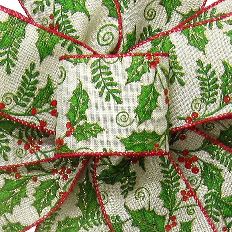 Wired Holly Berries on Natural Linen Ribbon (#40-2.5"Wx10Yards)