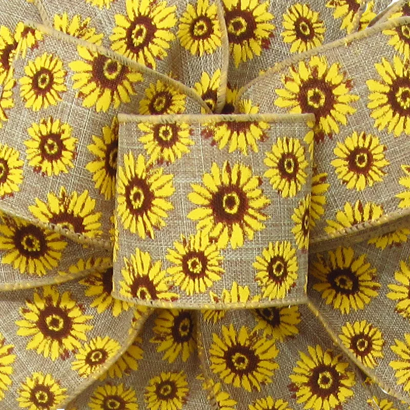 Wired Natural Linen Sunflowers Ribbon (#40-2.5"Wx10Yards)