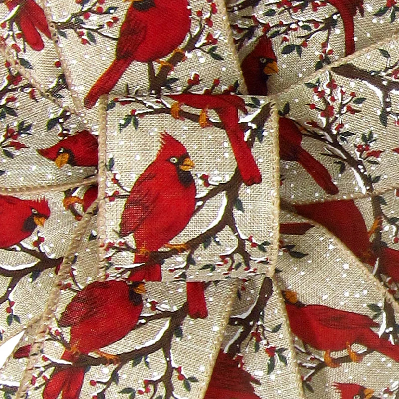 Wired Red Cardinals on Snowy Branches Ribbon (#40-2.5"Wx10Yards)